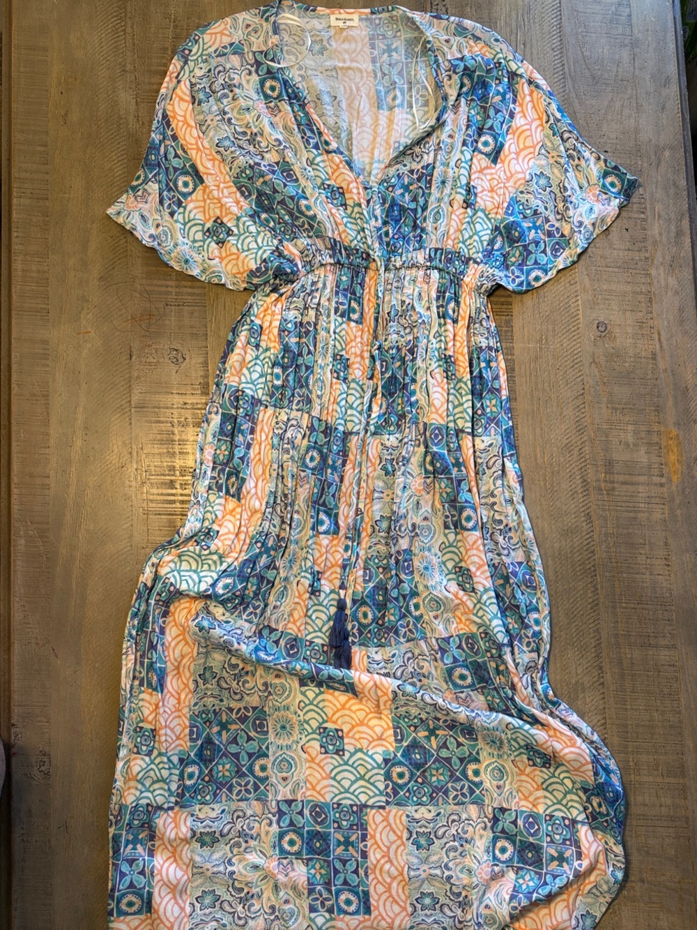 Cost Plus World Market Blue & Peach Printed Boho Maxi Dress